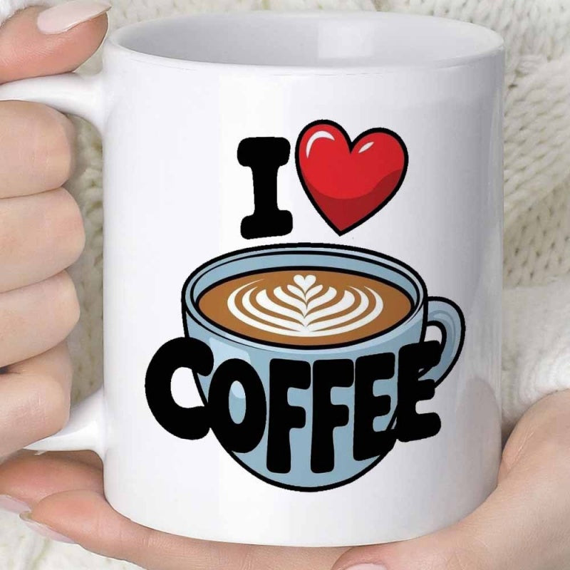 Tailorly White Ceramic 11 oz Mug - I Coffee Vibrant Red Heart Resting Above A Decorative Steaming Latte Cup Coffee