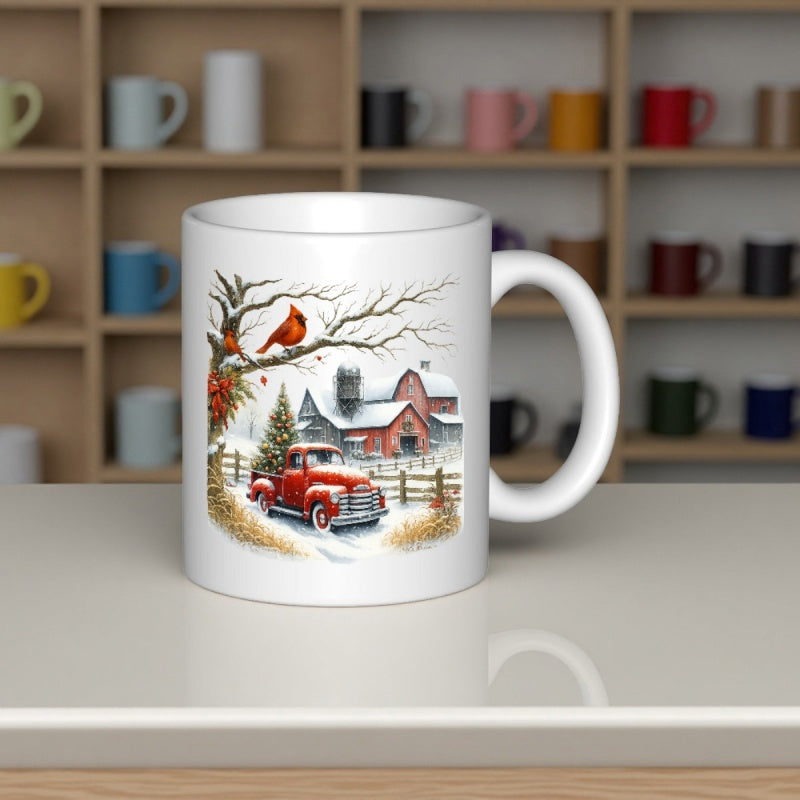 Tailorly White Ceramic 11 oz Mug - Rustic Winter Farm Scene With Red Cardinal Perched On Bare Branch Truck