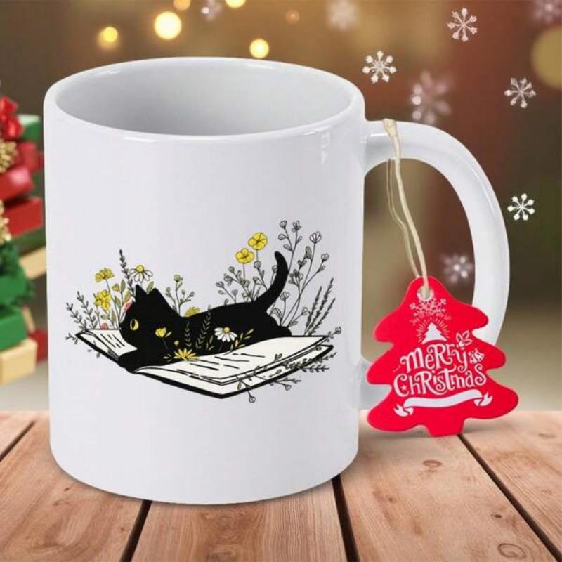 Tailorly White Ceramic 11 oz Mug - Merry Christmas Adorable Hand Drawn Black Kitten Lying Upon Open Book Among Flowers Cat