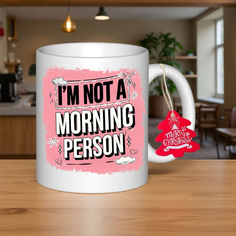 Tailorly White Ceramic 11 oz Mug - I'm Not A Morning Person Simple Pink Brushstroke Background With Whimsical White Clouds And Sparkling Star Elements Mug