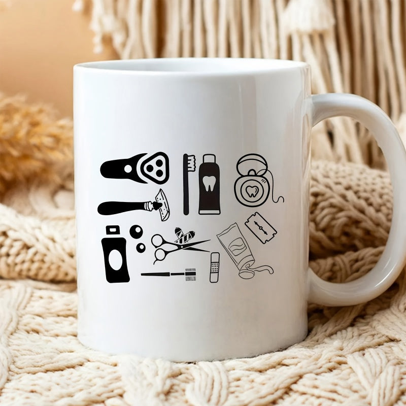 Tailorly White Ceramic 11 oz Mug - Minimalist Black Line Icons Featuring Personal Grooming Essentials And Hygiene Tools Mug