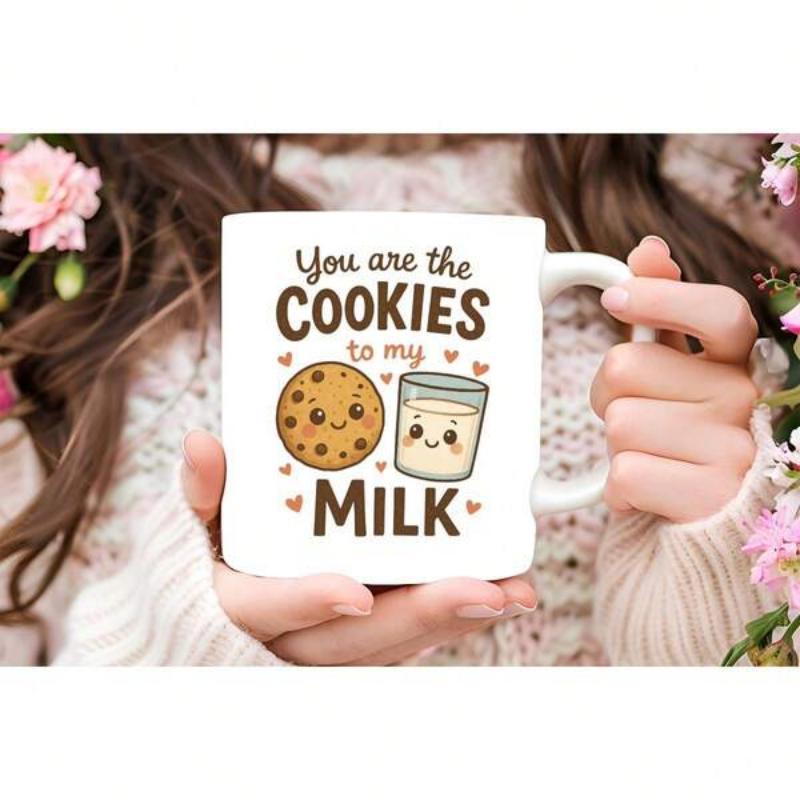 Tailorly White Ceramic 11 oz Mug - You Are The Cookies To My Milk Cute Smiling Cartoon Cookie And Milk Glass With Tiny Floating Hearts Mug