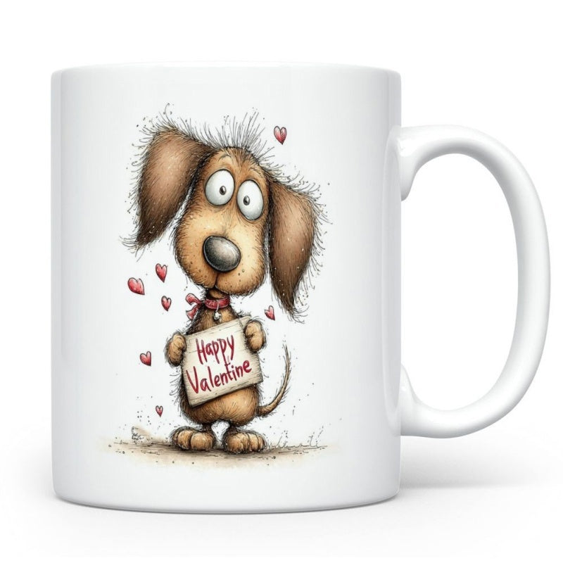Tailorly White Ceramic 11 oz Mug - Happy Valentine Adorable Scruffy Puppy Holding Heart Sign Among Floating Tiny Hearts Dog