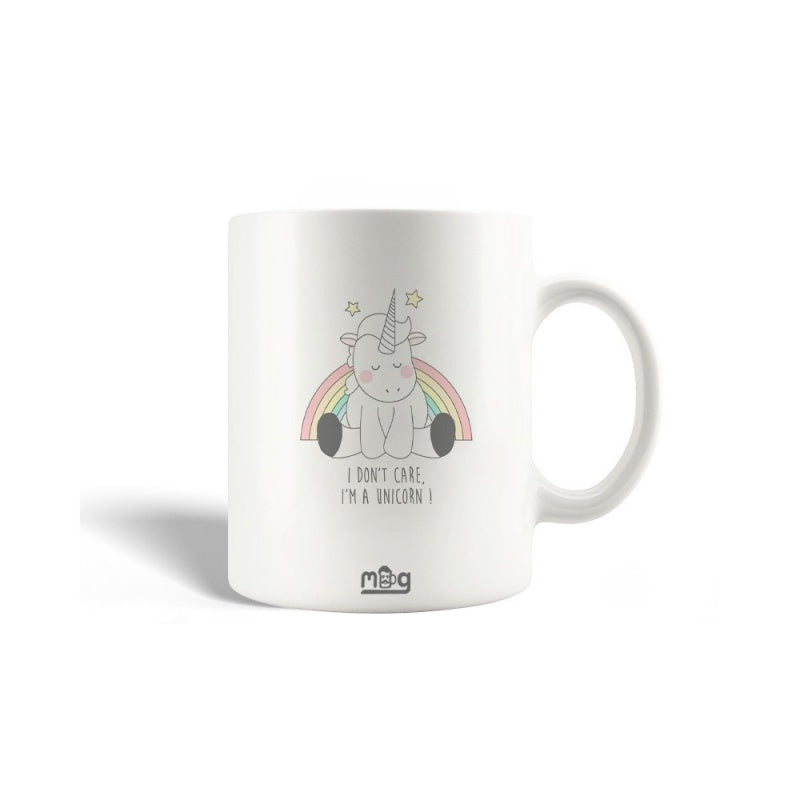 Tailorly White Ceramic 11 oz Mug - I Don't Care I'm A Unicorn Whimsical Magical Character Sitting Before A Pastel Colorful Rainbow Unicorn