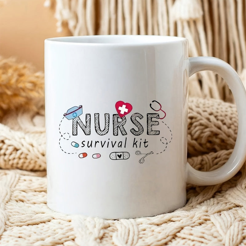 Tailorly White Ceramic 11 oz Mug - Nurse Survival Kit Whimsical Medical Symbols Including Stethoscope Pills Heart And Bandage Mug