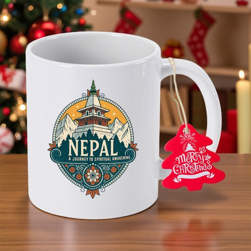 Tailorly White Ceramic 11 oz Mug - Nepal A Journey To Spiritual Awakening Iconic Traditional Nepalese Stupa Among Majestic Snow Capped Himalayan Mountains Pagoda