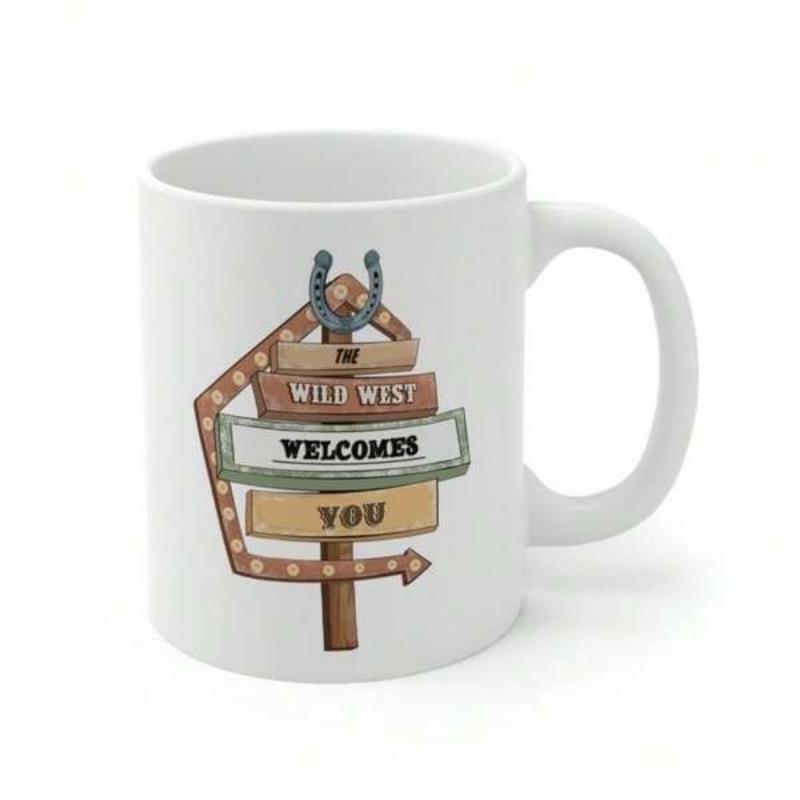 Tailorly White Ceramic 11 oz Mug - The Wild West Welcomes You Vintage Rustic Wooden Boards Featuring Horseshoe And Marquee Light Arrow Signpost