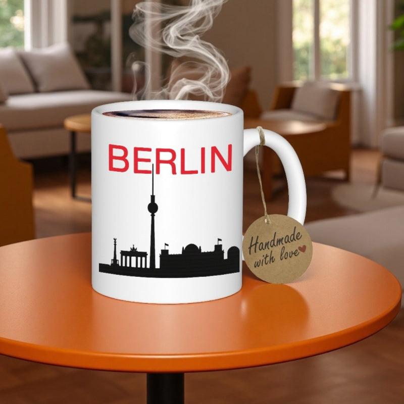 Tailorly White Ceramic 11 oz Mug - Berlin Handmade With Love Minimalist City Silhouette Featuring Iconic Landmarks Across The Horizon Skyline
