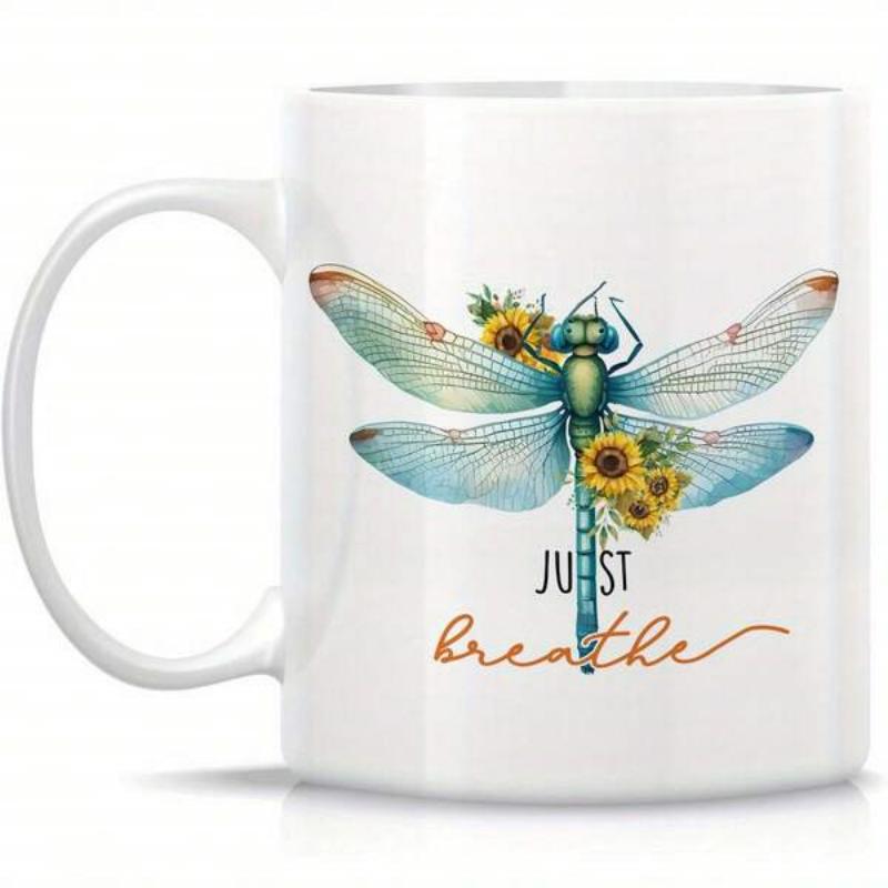 Tailorly White Ceramic 11 oz Mug - Just Breathe Vibrant Turquoise Wings Among Blooming Golden Sunflowers Under A Serene Summer Sky Dragonfly