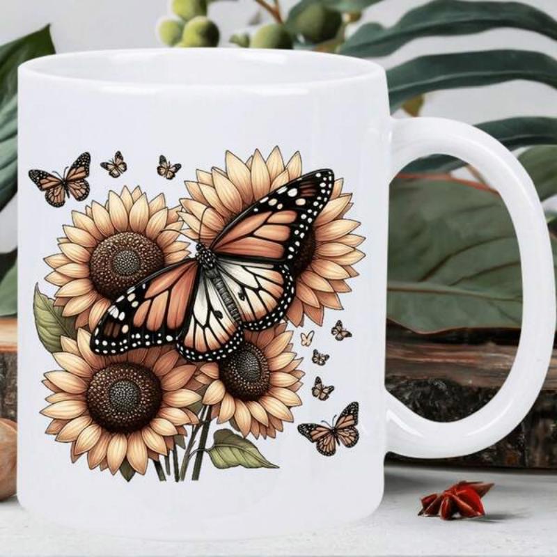 Tailorly White Ceramic 11 oz Mug - Vibrant Monarch Butterflies Resting On Blooming Golden Petals Under Soft Light Sunflower