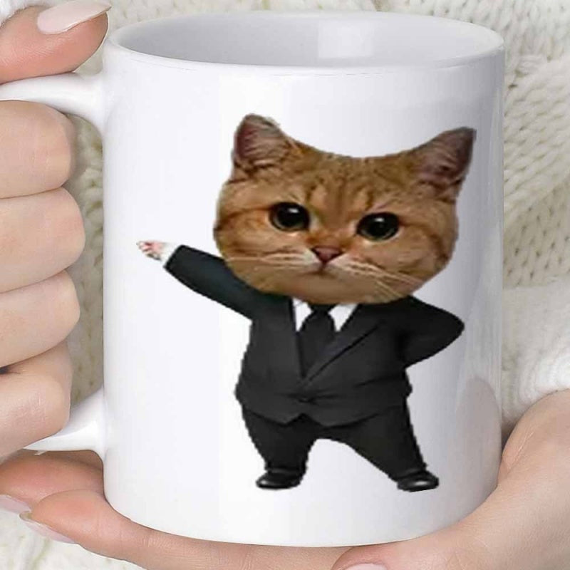 Tailorly White Ceramic 11 oz Mug - Smart Ginger Feline Wearing A Formal Black Business Suit Standing Proudly Cat