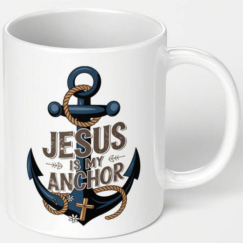 Tailorly White Ceramic 11 oz Mug - Jesus Is My Anchor Vintage Blue Nautical Anchor Wrapped In Rustic Rope With Cross Anchor