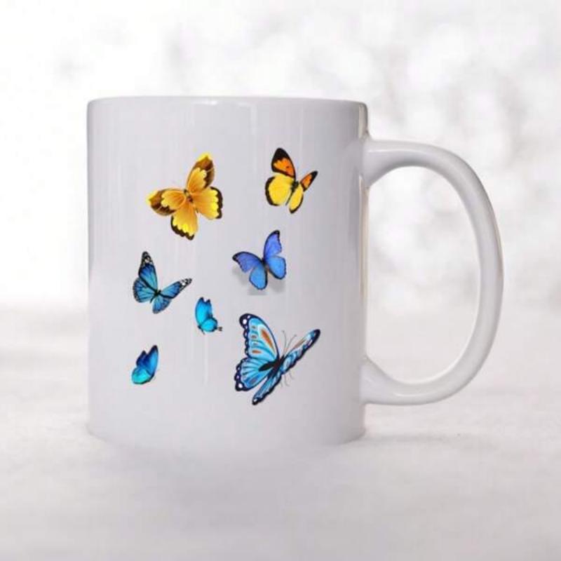 Tailorly White Ceramic 11 oz Mug - Vibrant Yellow And Blue Insects Fluttering Amidst Soft Ethereal Light Butterfly