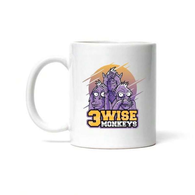 Tailorly White Ceramic 11 oz Mug - 3 Wise Monkeys Three Purple Mythical Creatures Sitting Before A Vibrant Glowing Sun Monkey