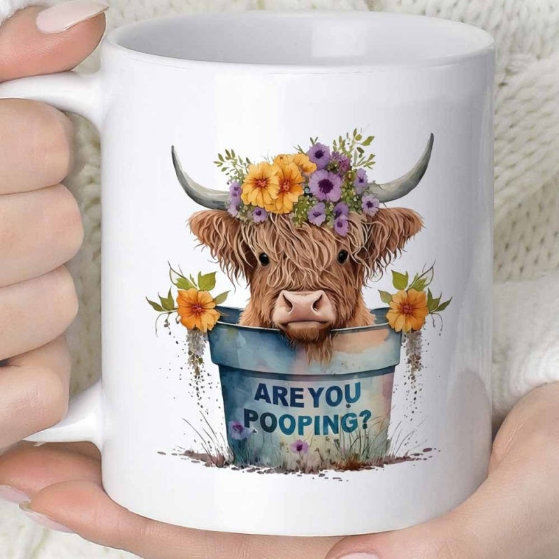 Tailorly White Ceramic 11 oz Mug - Are You Pooping Adorable Highland Cow With Flower Crown Resting In Blue Bucket Cow