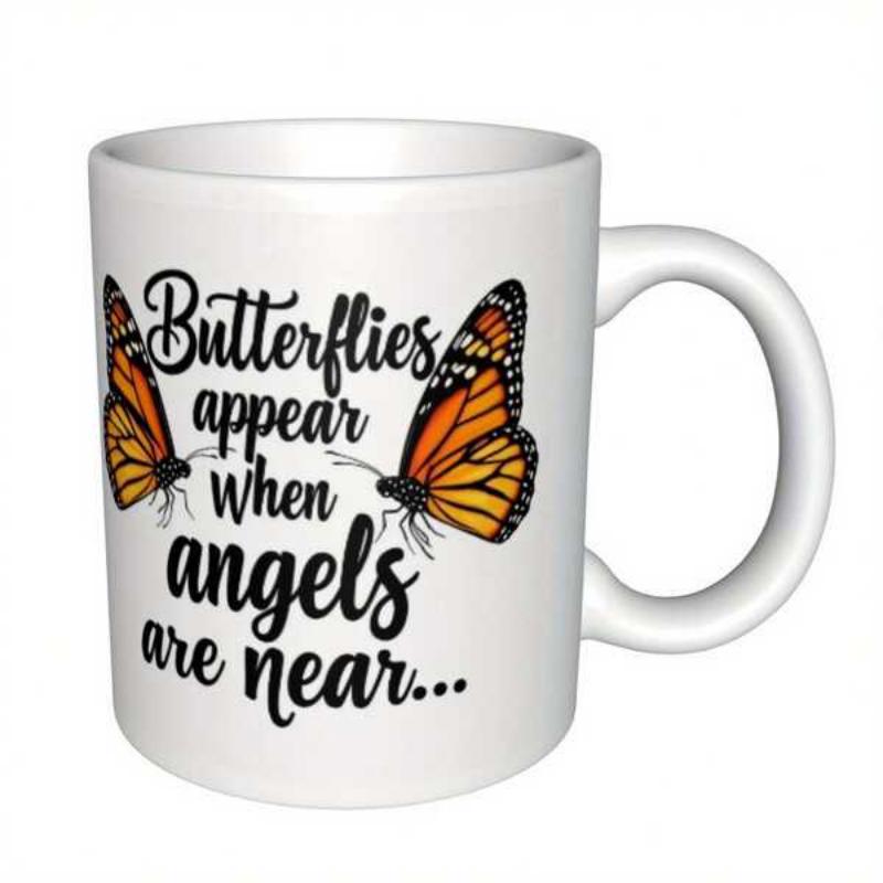Tailorly White Ceramic 11 oz Mug - Butterflies Appear When Angels Are Near Vibrant Orange Monarch Wings Dancing Among Elegant Script Inspirational Quote Butterfly