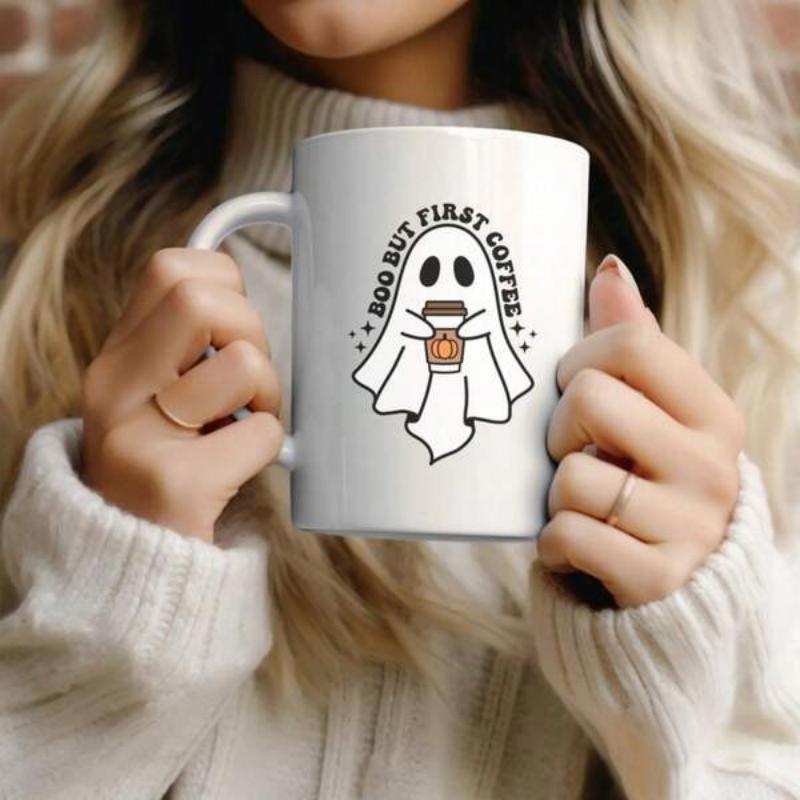 Tailorly White Ceramic 11 oz Mug - Boo But First Coffee Cute Ghost Holding Warm Cup Of Coffee With Spooky Festive Atmosphere Ghost