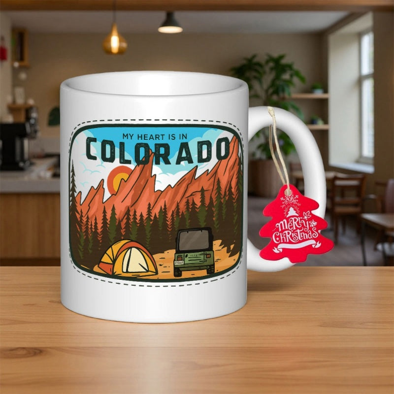 Tailorly White Ceramic 11 oz Mug - My Heart Is In Colorado Rugged Red Mountains Rising Behind Evergreen Forest With Camping Tent Mountain
