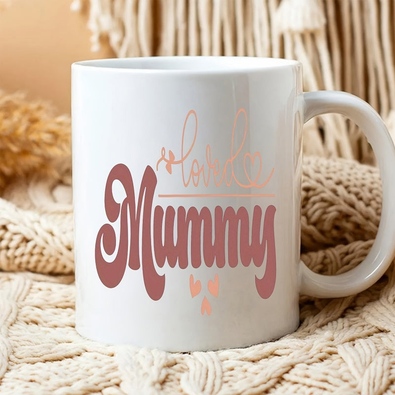 Tailorly White Ceramic 11 oz Mug - Lovely Mummy Retro Themed Artistic Script Font Surrounded By Delicate Minimalist Floating Heart Mug