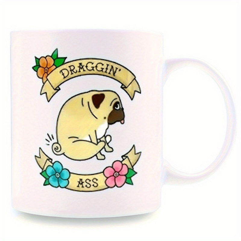 Tailorly White Ceramic 11 oz Mug - Draggin Ass Playful Illustration Of A Sitting Dog Among Colorful Flowers Pug