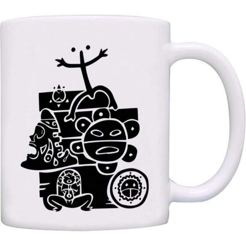 Tailorly White Ceramic 11 oz Mug - Ancient Indigenous Taino Symbols With Coqui Frog And Sun Petroglyph