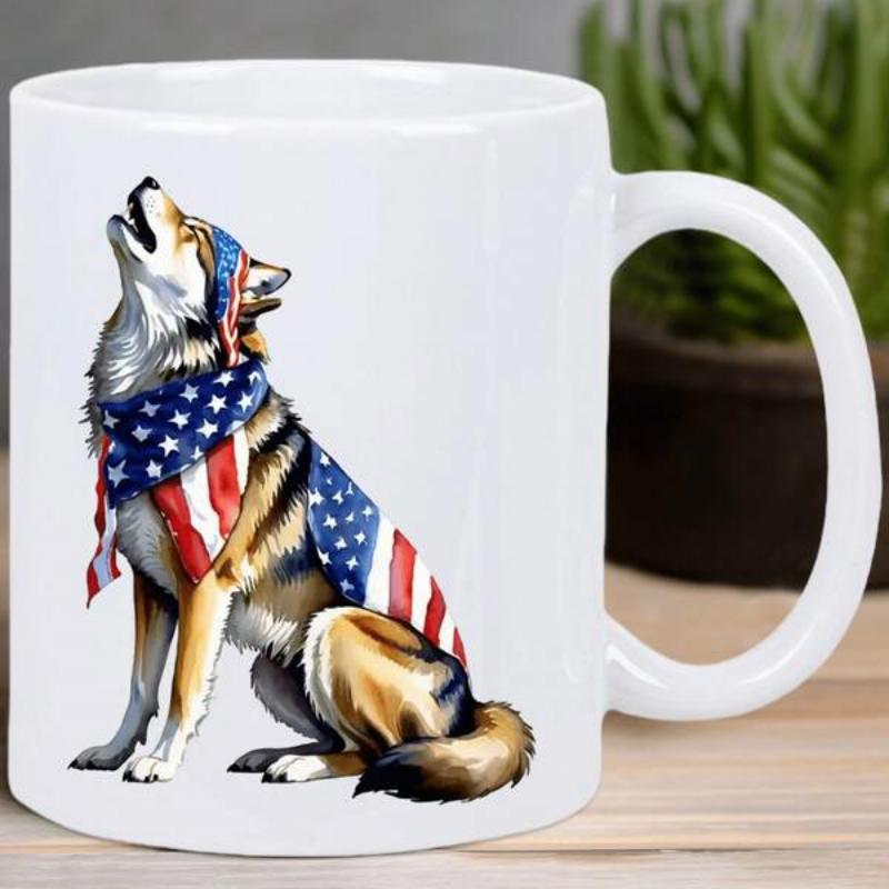 Tailorly White Ceramic 11 oz Mug - Patriotic Howling Wild Animal Draped In American Flag Stars Stripes Wolf