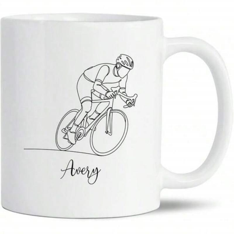 Tailorly White Ceramic 11 oz Mug - Avery Minimalist Black Line Drawing Of A Person Riding A Road Bicycle