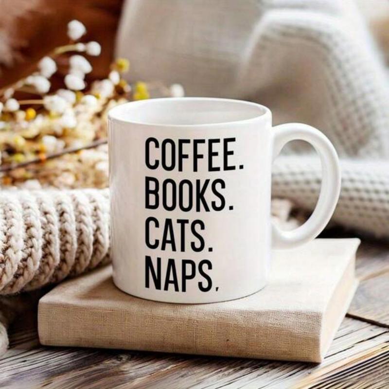 Tailorly White Ceramic 11 oz Mug - Coffee Books Cats Naps White Ceramic Material Sitting Peacefully Atop A Vintage Weathered Paper Book Mug