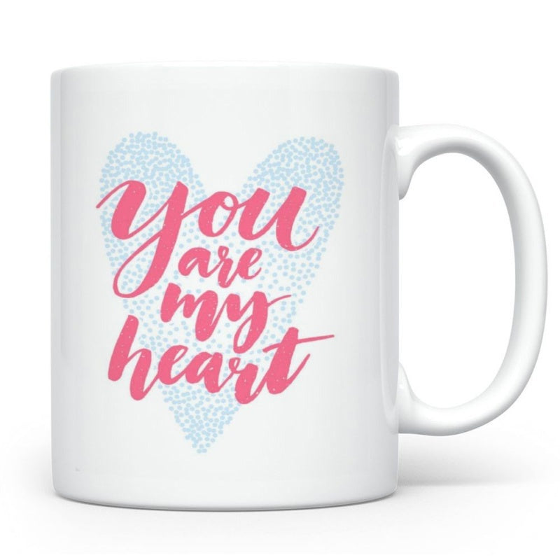 Tailorly White Ceramic 11 oz Mug - You Are My Heart Soft Blue Stippled Heart With Pink Calligraphy Script Lettering Romantic Heart