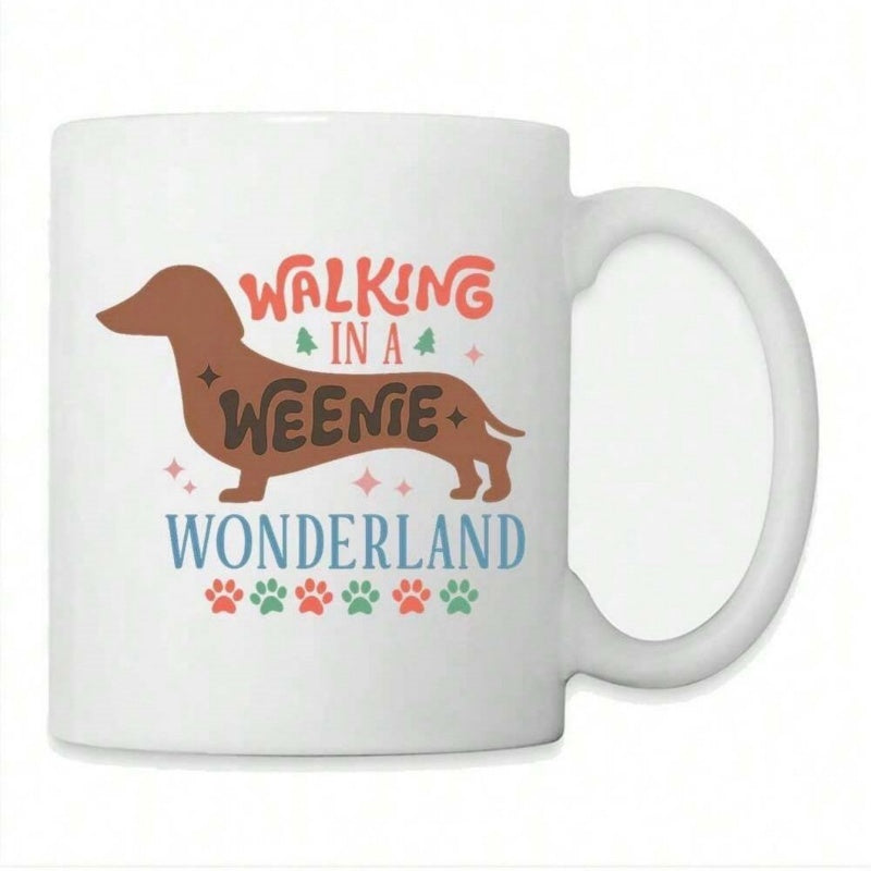 Tailorly White Ceramic 11 oz Mug - Walking In A Weenie Wonderland Brown Canine Silhouette Among Colorful Paw Prints And Tiny Stars Dachshund