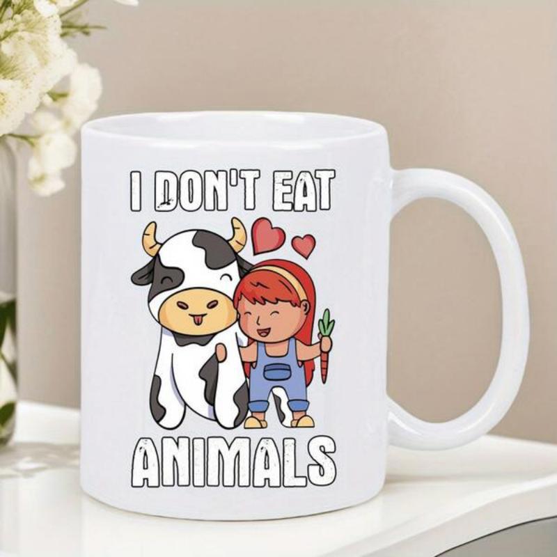 Tailorly White Ceramic 11 oz Mug - I Don't Eat Animals Adorable Cartoon Girl Hugging A Spotted Farm Cow With Floating Hearts Cow