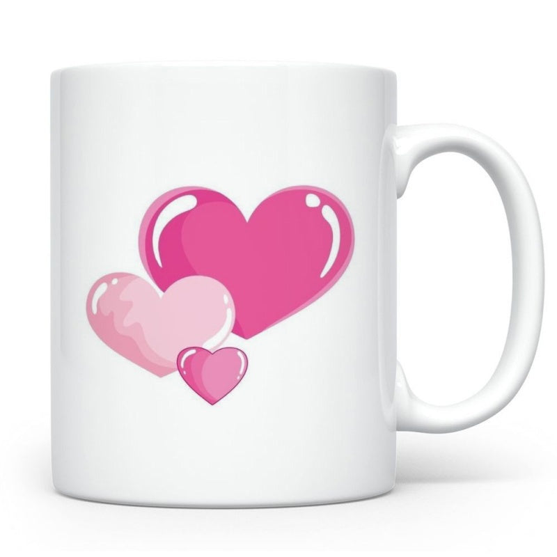 Tailorly White Ceramic 11 oz Mug - Three Glossy Pink Overlapping Shapes With Radiant White Highlights Heart