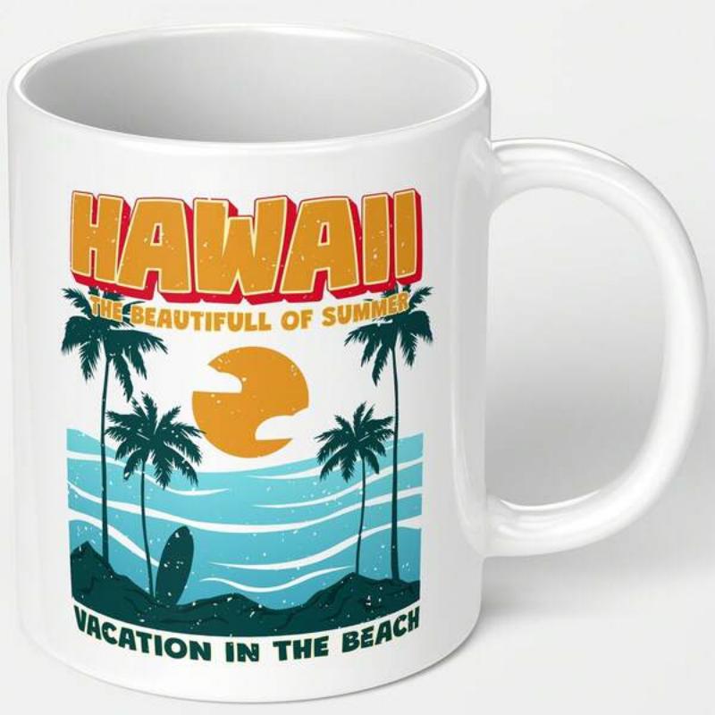 Tailorly White Ceramic 11 oz Mug - Hawaii Beautiful Of Summer Vacation In The Beach Retro Style Tropical Sunset Featuring Palm Trees And Silhouetted Surfboard Mug