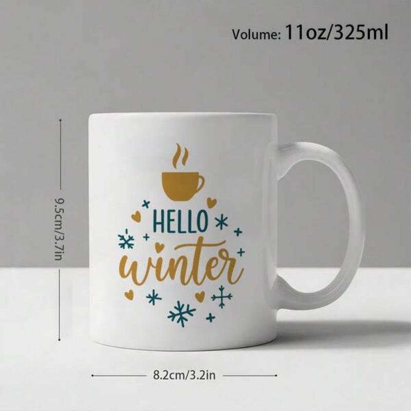 Tailorly White Ceramic 11 oz Mug - Hello Winter Steaming Coffee Cup Surrounded By Hearts And Blue Snowflakes Under Winter Theme Mug
