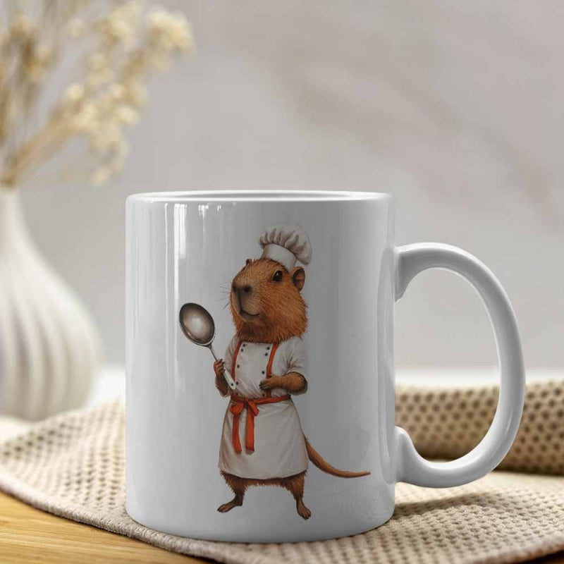 Tailorly White Ceramic 11 oz Mug - Professional Culinary Animal Wearing White Chef Hat Holding Large Silver Spoon Capybara