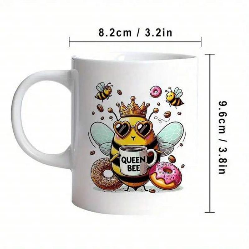 Tailorly White Ceramic 11 oz Mug - Queen Bee Majestic Crowned Bee With Heart Sunglasses Holding Coffee Cup Among Donuts Bee