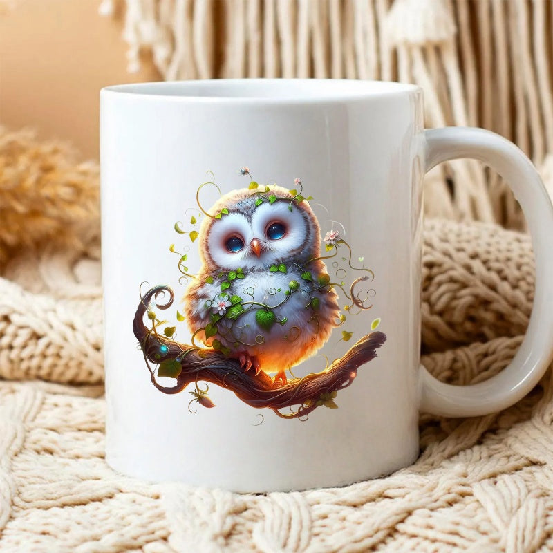 Tailorly White Ceramic 11 oz Mug - Adorable Fluffy Creature Sitting On Twig With Glowing Green Leaves Owl