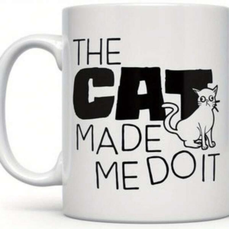 Tailorly White Ceramic 11 oz Mug - The Cat Made Me Do It Minimalist Hand Drawn Sitting Feline With Large Curious Eyes And Whiskers Cat