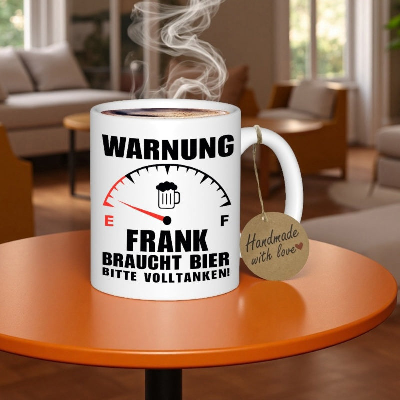 Tailorly White Ceramic 11 oz Mug - Handmade With Love Featuring Fuel Gauge Dial With Beer Icon Mug