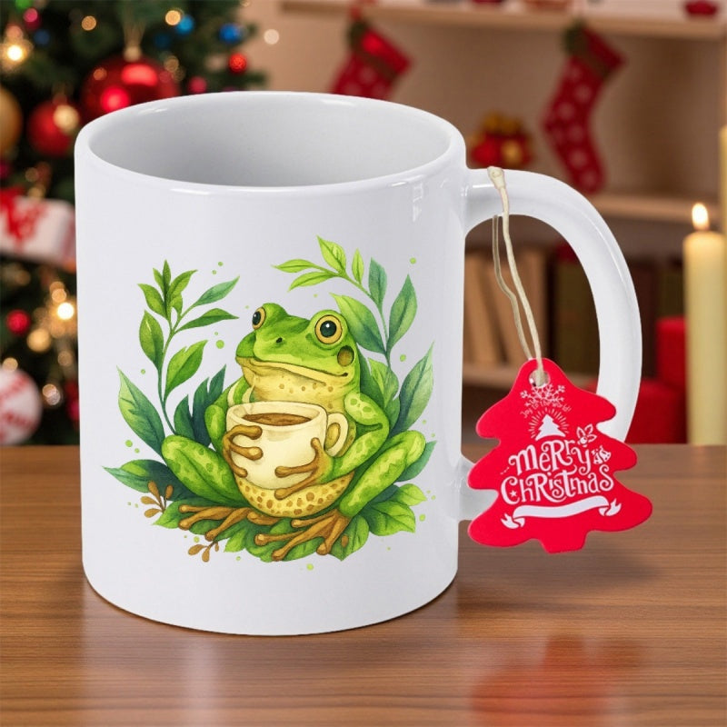 Tailorly White Ceramic 11 oz Mug - Merry Christmas Charming Green Frog Holding A Steaming Cup Among Lush Green Leaves Frog