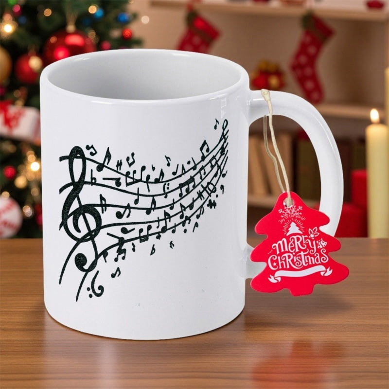 Tailorly White Ceramic 11 oz Mug - Merry Christmas Flowing Black Musical Notes Dancing Across A Graceful Curved Staff