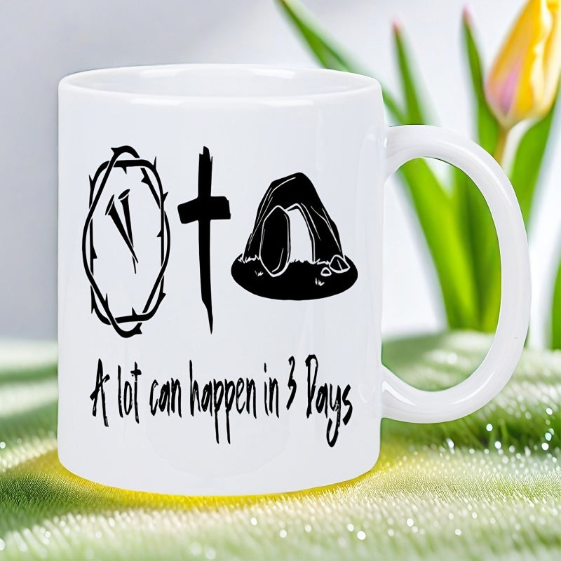 Tailorly White Ceramic 11 oz Mug - A Lot Can Happen In 3 Days Hand Drawn Christian Symbols Including Thorns Cross And Empty Tomb Mug