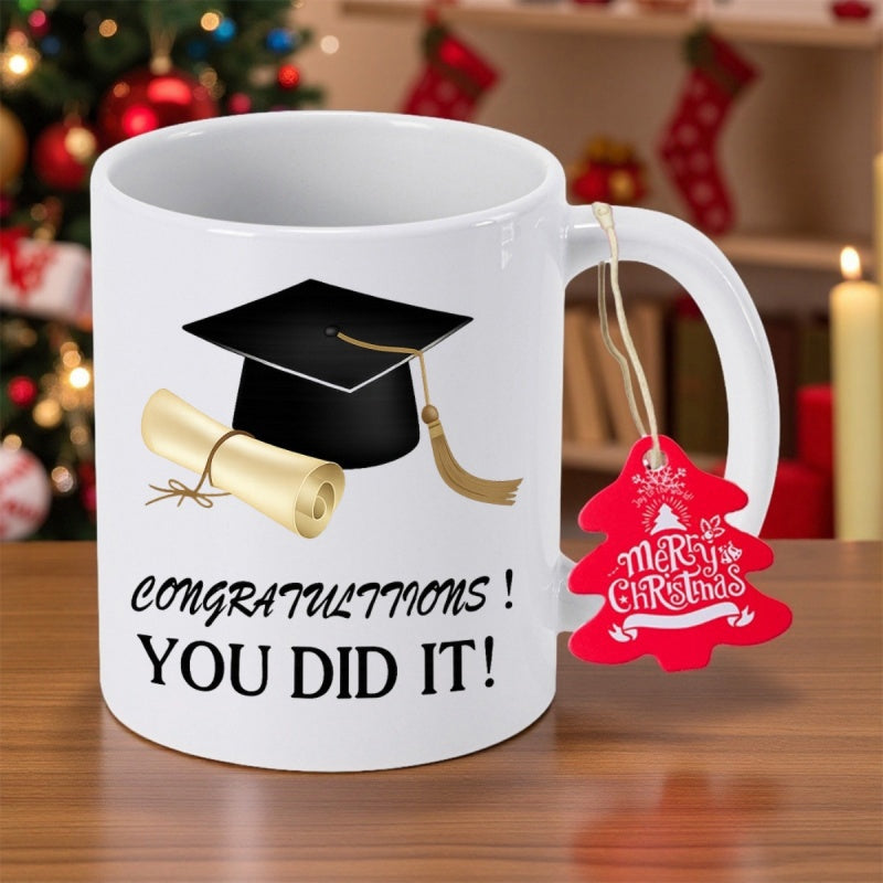Tailorly White Ceramic 11 oz Mug - Congratulations You Did It Classic Black Mortarboard Tassel Beside A Rolled Golden Diploma Graduation Cap