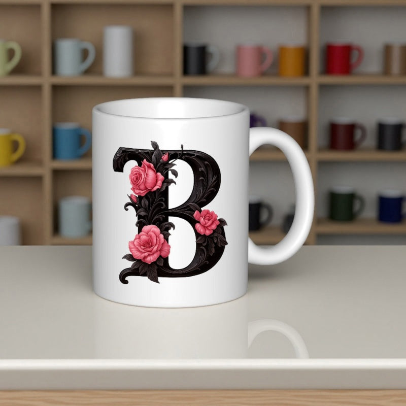 Tailorly White Ceramic 11 oz Mug - Elegant Stylized Black Monogram With Blooming Pink Roses And Vintage Leaves Letter