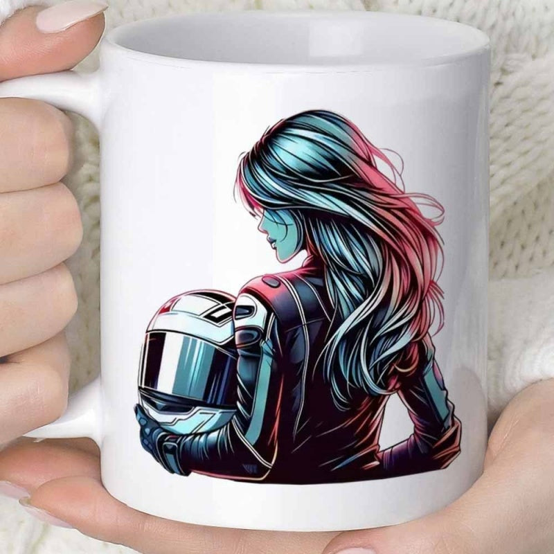 Tailorly White Ceramic 11 oz Mug - Stylized Illustration Of Graceful Woman Holding A Polished Protective Helmet Rider