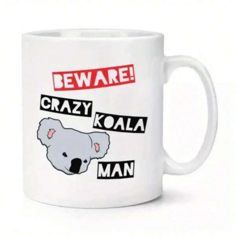 Tailorly White Ceramic 11 oz Mug - Beware Crazy Koala Man Grumpy Grey Cartoon Animal Head With Bold Typography Inside Rectangular Backgrounds Koala