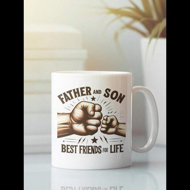 Tailorly White Ceramic 11 oz Mug - Father And Son Best Friends For Life Two Fists Bumping Together With Small Decorative Stars And Impact Lines Fist Bump