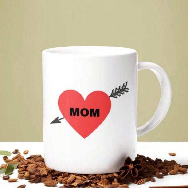 Tailorly White Ceramic 11 oz Mug - Mom Vibrant Red Pierced By A Sharp Classic Black Arrow Heart