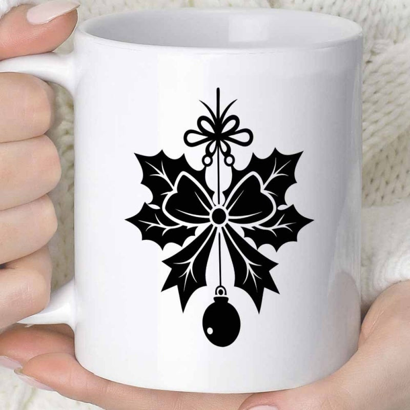 Tailorly White Ceramic 11 oz Mug - Black Silhouette Holly Leaves With Decorative Ribbon Bow And Hanging Holly Ornament
