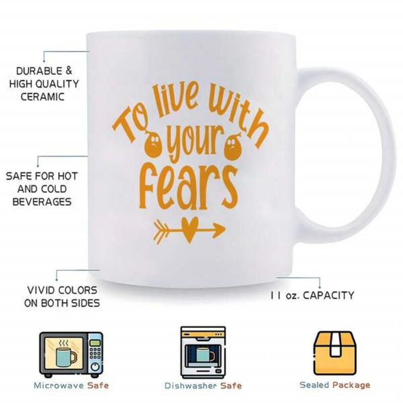 Tailorly White Ceramic 11 oz Mug - To Live With Your Fears Yellow Text Featuring Heart Pierced By Arrow Among Small Decorative Circles Mug